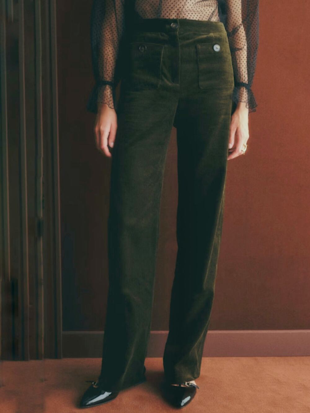 Sezane Dan Corduroy Wide Leg Trousers Pants Dark Green Womens Size 42 US 10